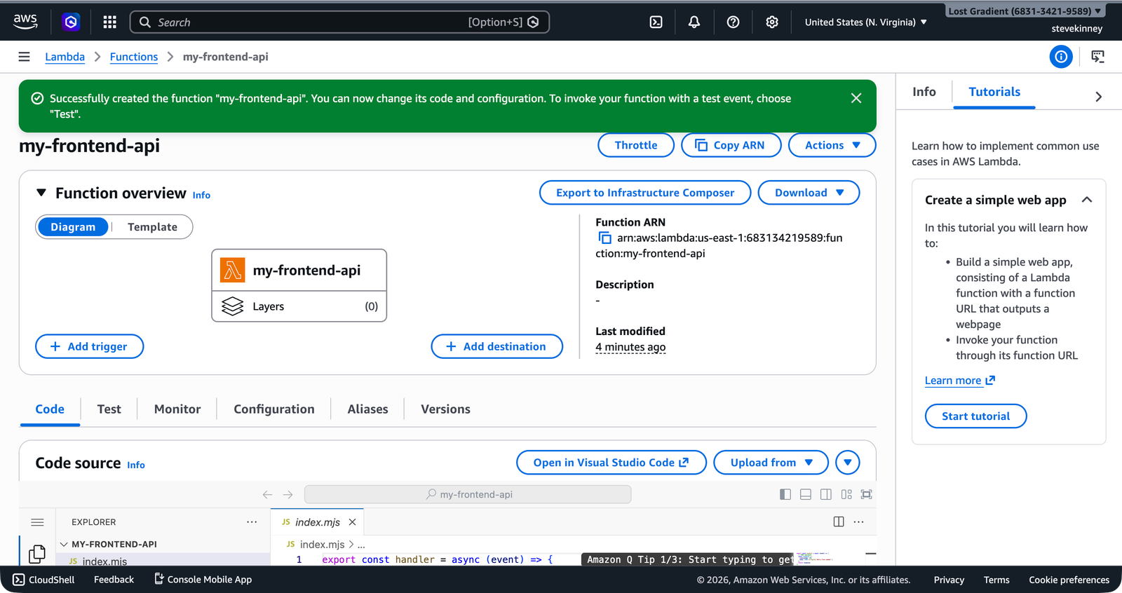 The Lambda function detail page showing the Code tab with the inline code editor displaying the handler function.