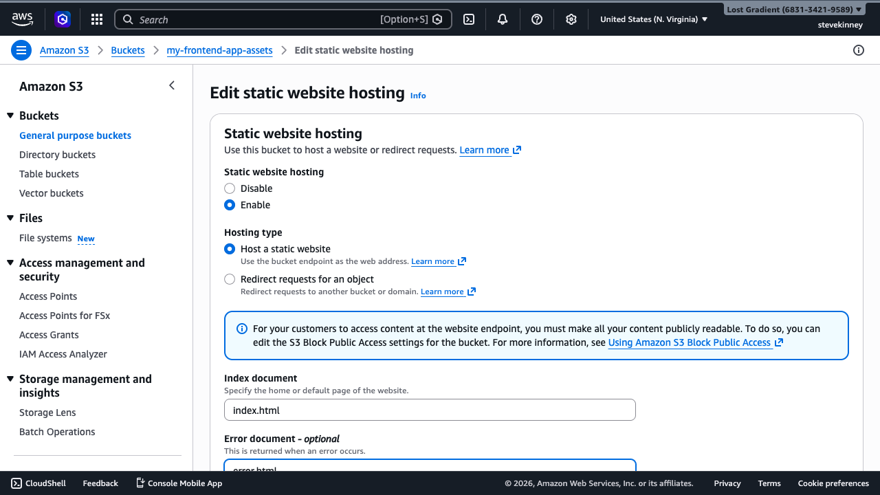 The S3 Edit Static Website Hosting form showing the feature enabled with index document set to index.html and error document set to error.html.