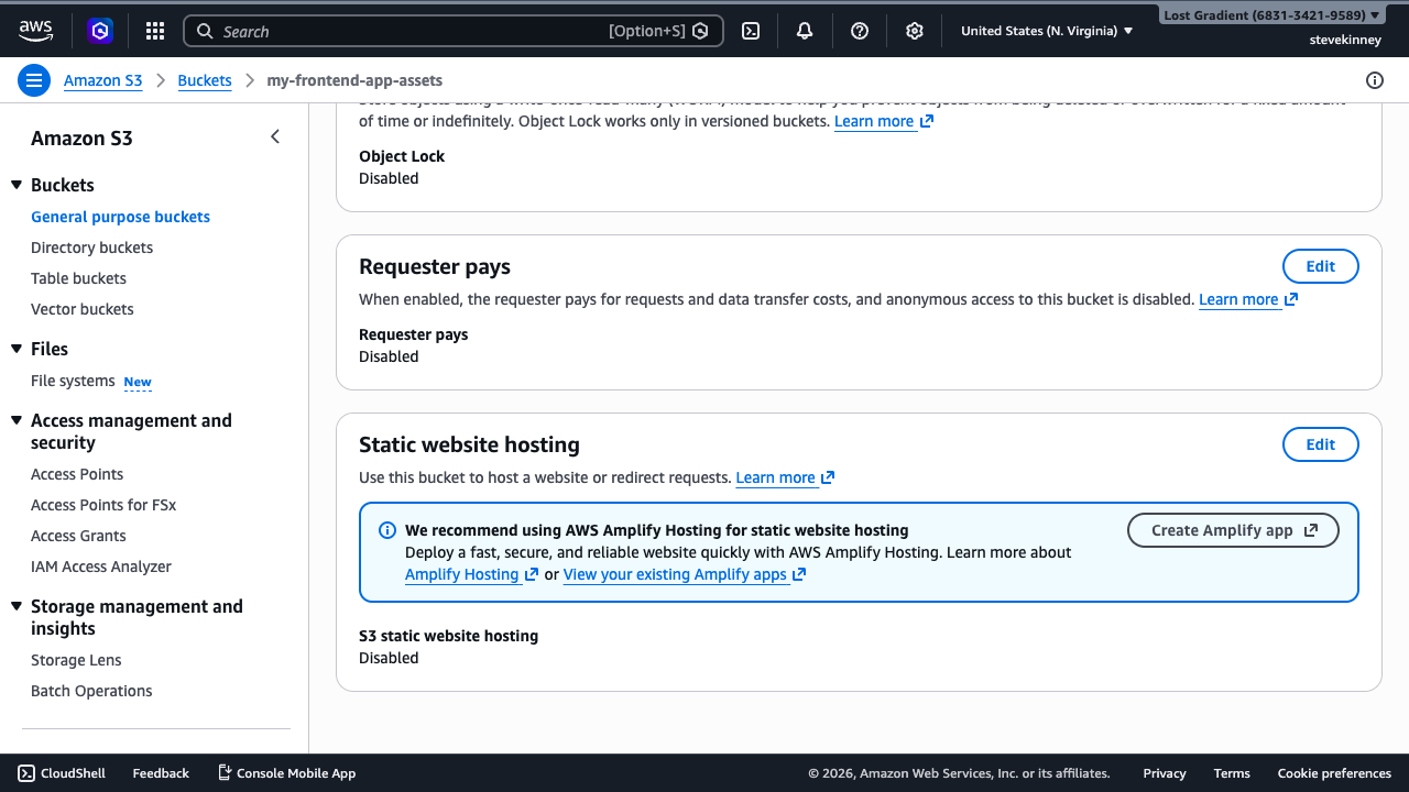 The S3 bucket Properties tab showing Static website hosting as Disabled at the bottom of the page.