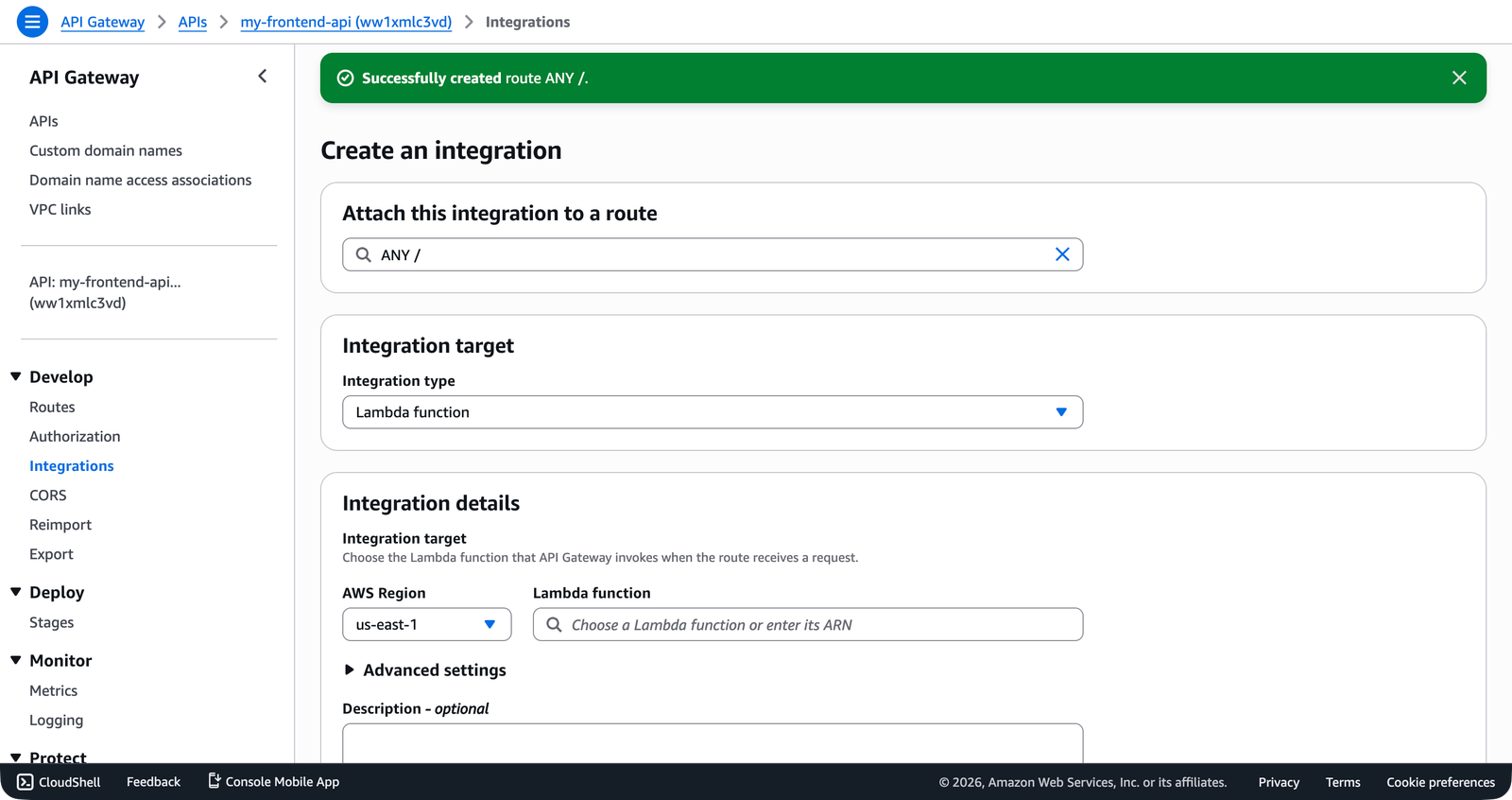 The API Gateway Create an integration form showing Lambda function selected as the integration type with the AWS Region and Lambda function fields visible.