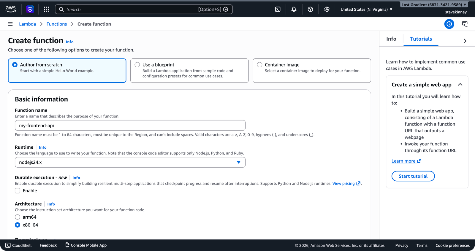 The Lambda Create Function page showing Author from scratch selected, a function name entered, and Node.js runtime selected.