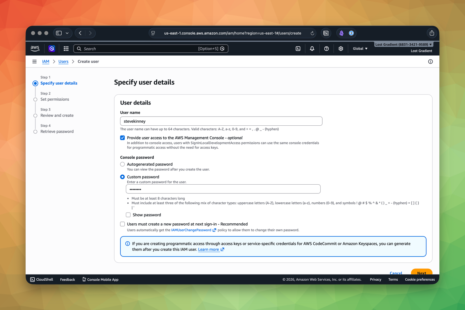 Specify user details screen in IAM showing console access enabled and a custom password being set.