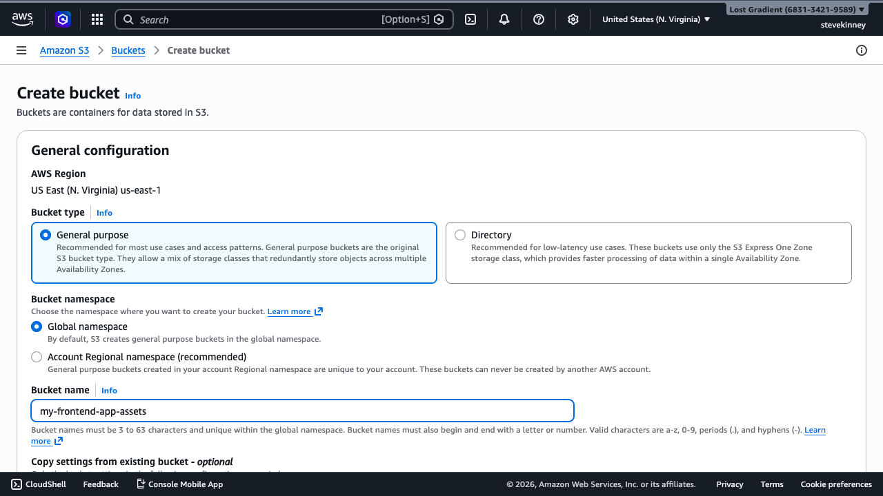The S3 Create Bucket form showing the bucket name field filled with my-frontend-app-assets and the AWS Region set to US East (N. Virginia) us-east-1.