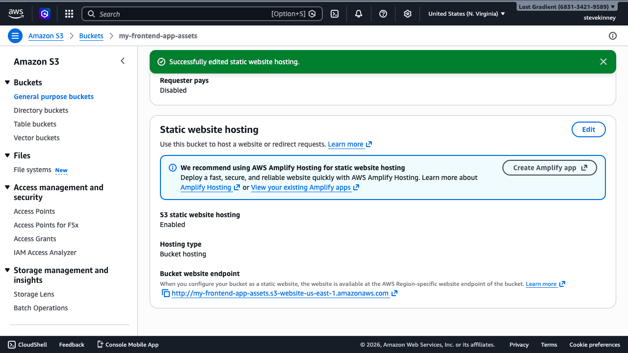 The S3 bucket Properties tab showing Static website hosting as Enabled with the website endpoint URL displayed.