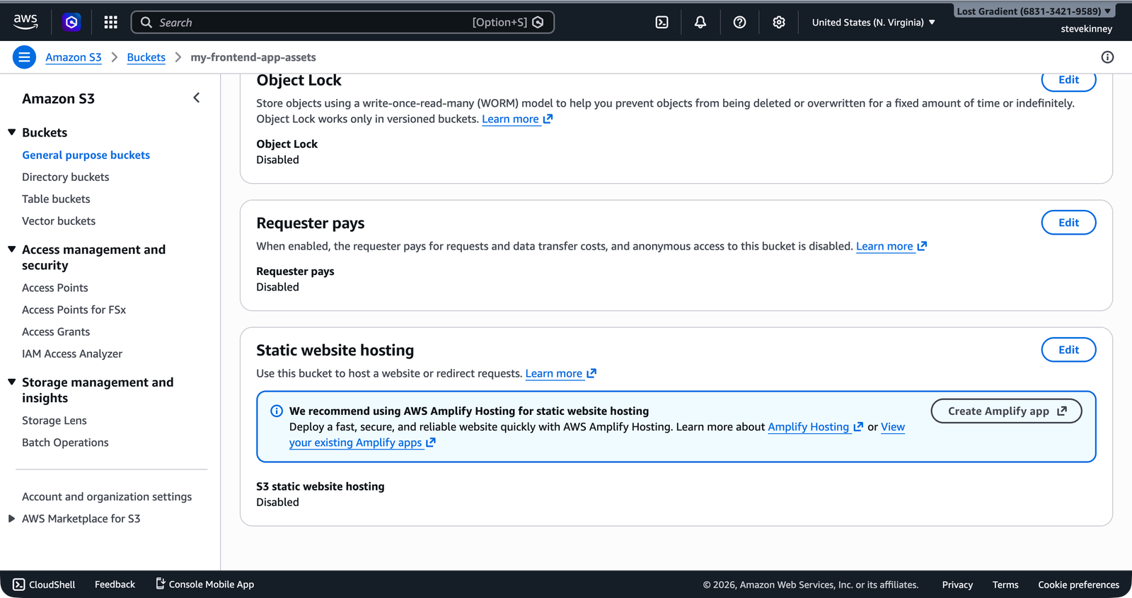 The S3 bucket Properties tab showing Static website hosting as Disabled at the bottom of the page.
