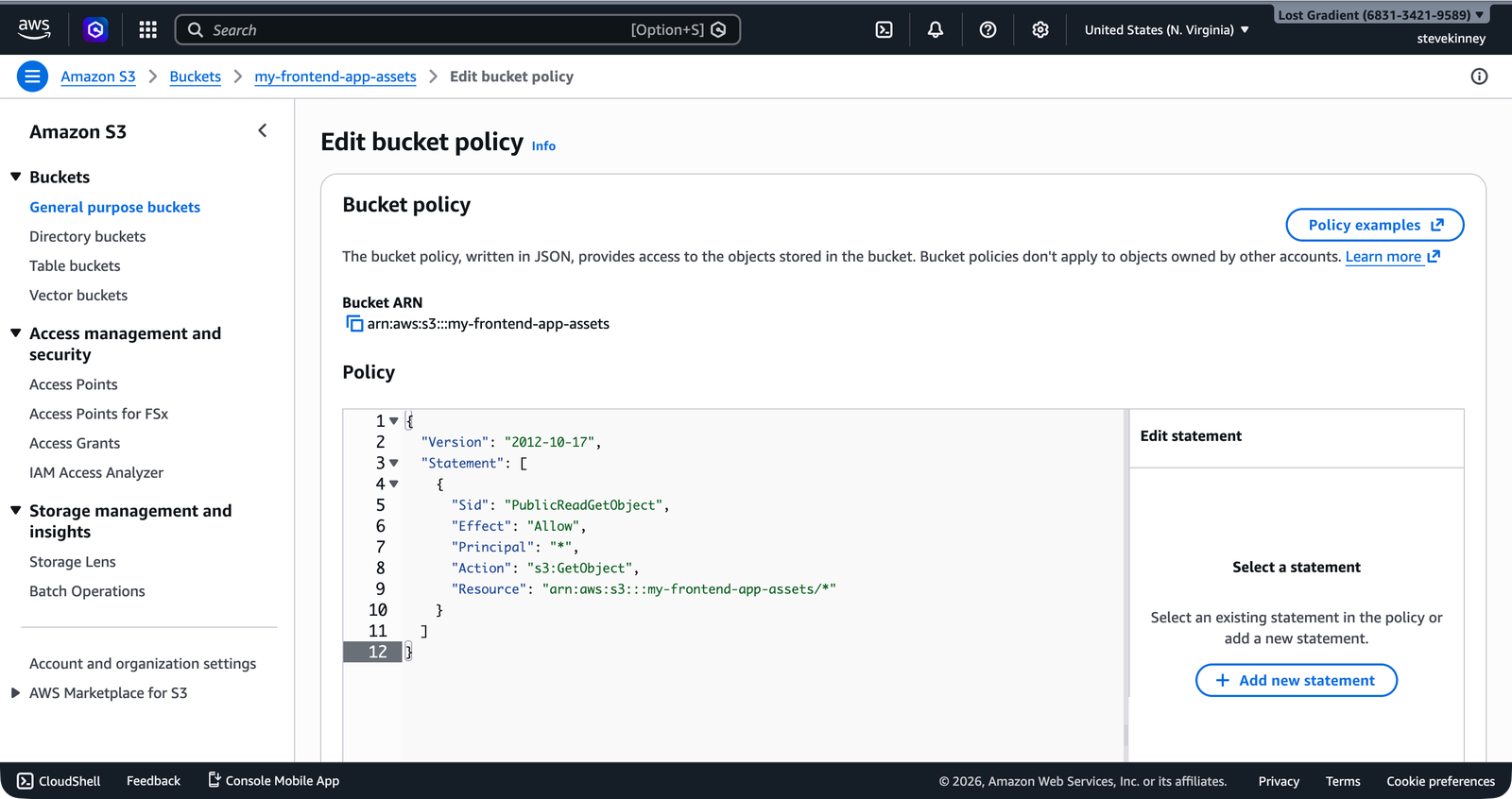 The S3 Bucket Policy editor showing the public-read JSON policy with Principal set to * and Action set to s3:GetObject.