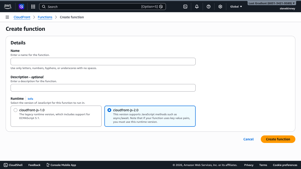 The CloudFront Create function form with fields for Name, Description, and Runtime selection between cloudfront-js-1.0 and cloudfront-js-2.0.