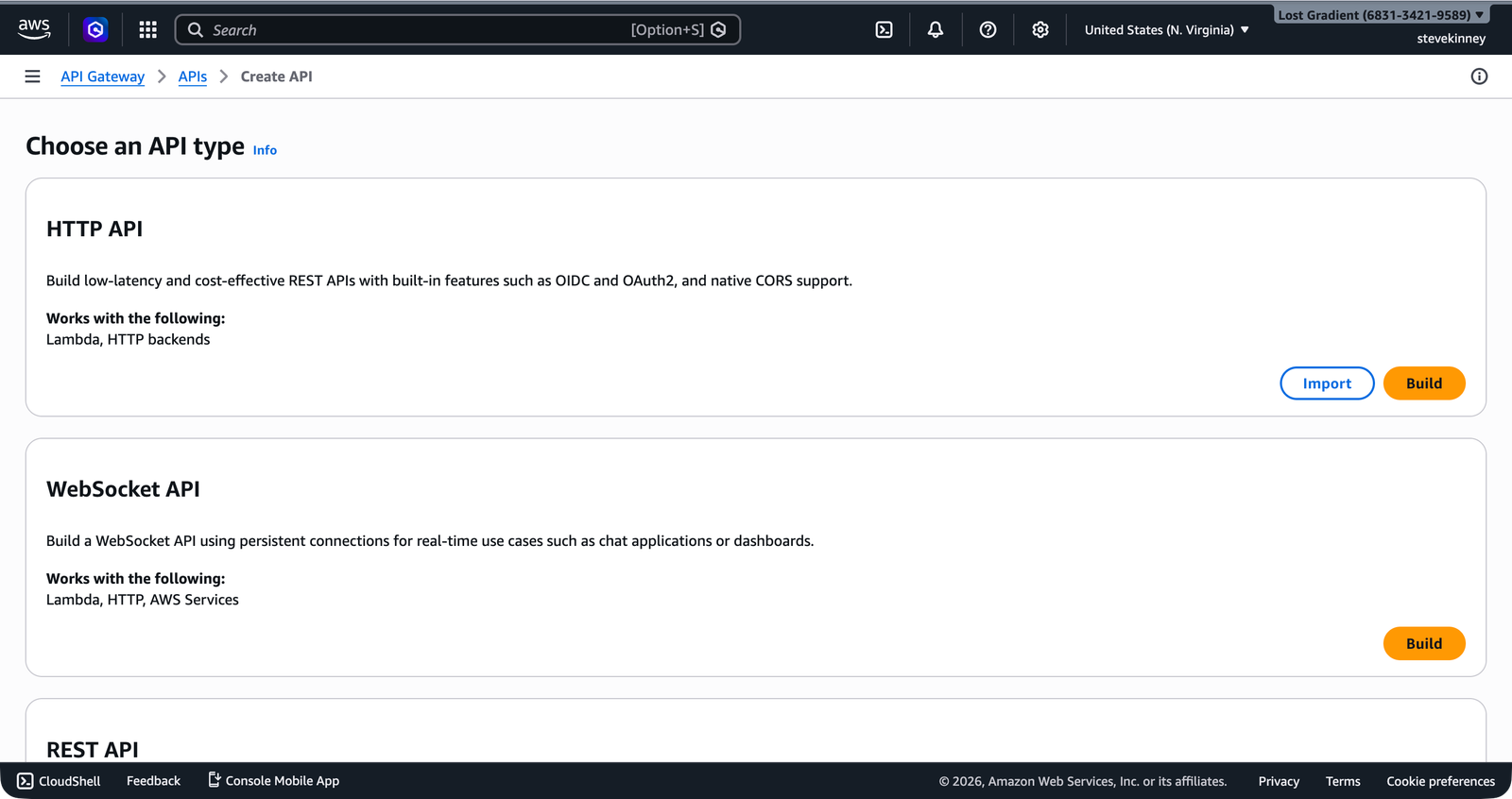 The API Gateway Create API page showing HTTP API, WebSocket API, and REST API options with Build buttons.
