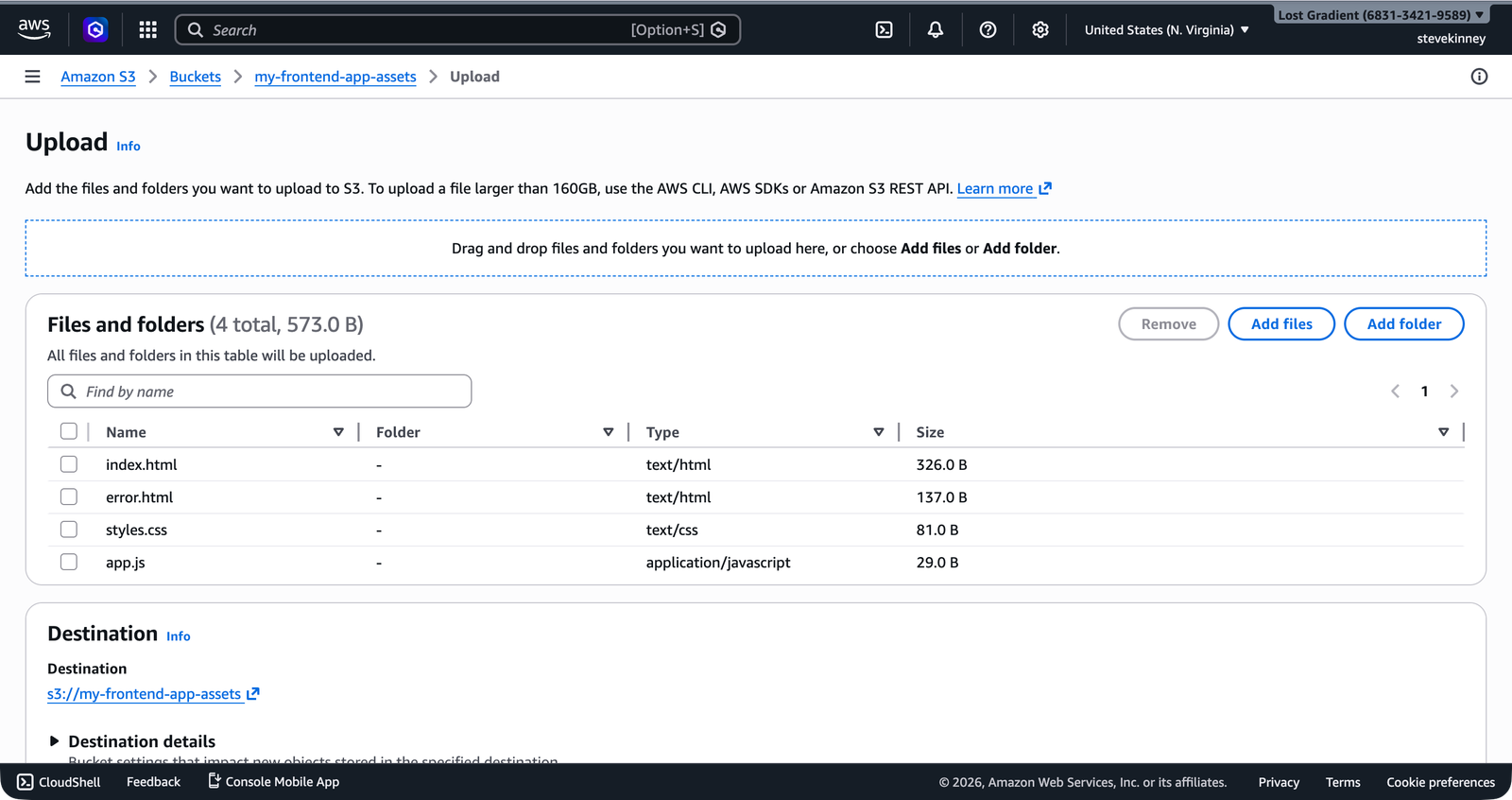 The S3 upload dialog with four files queued: index.html, error.html, styles.css, and app.js.