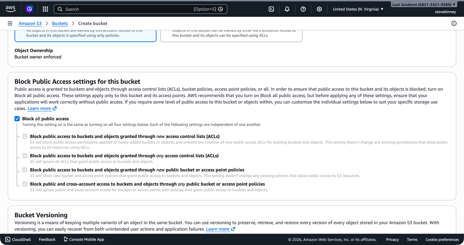 S3 bucket Permissions tab showing Block Public Access settings with all four options enabled, labeled On in the console.