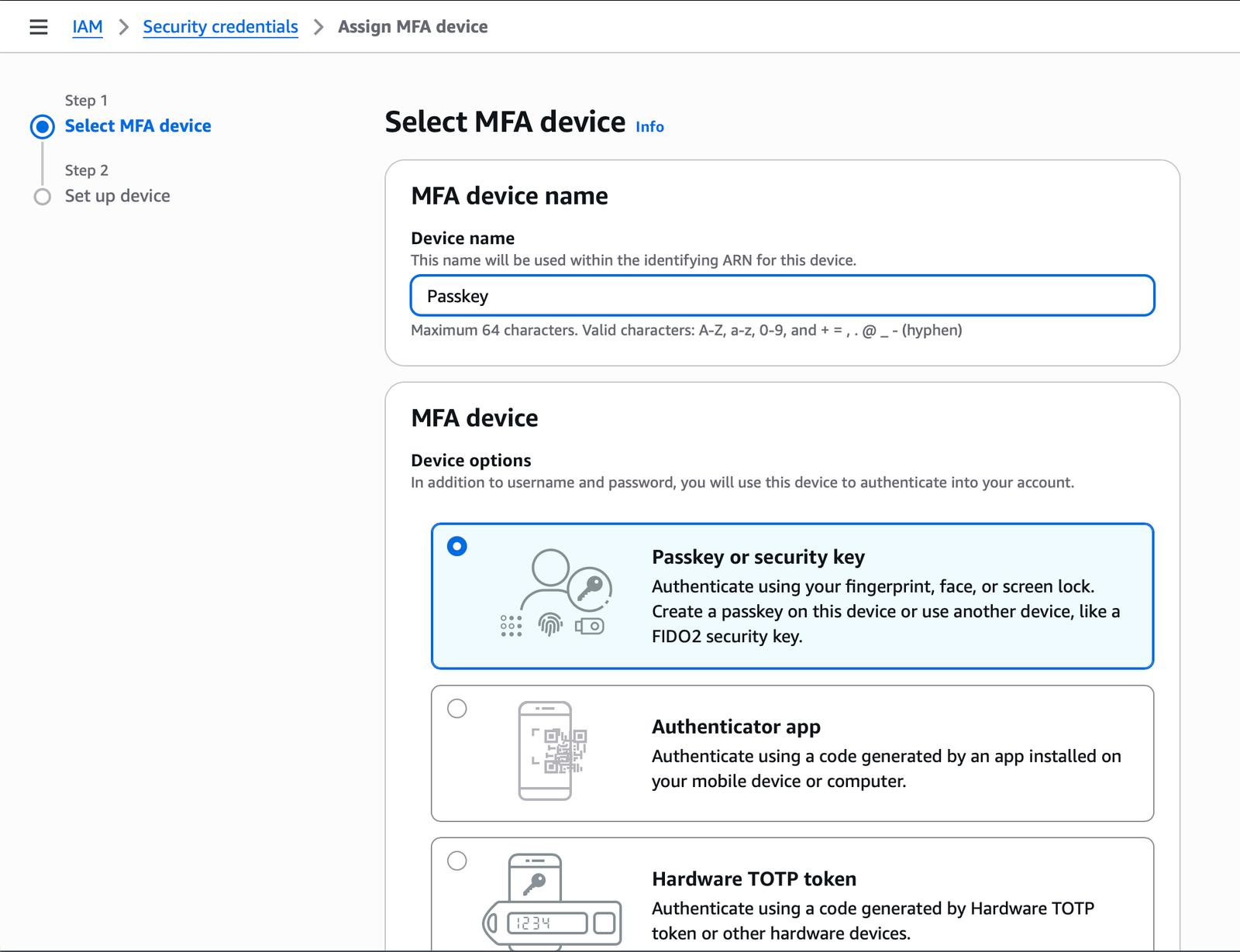Assign MFA device screen with Passkey or security key selected as the MFA device type.