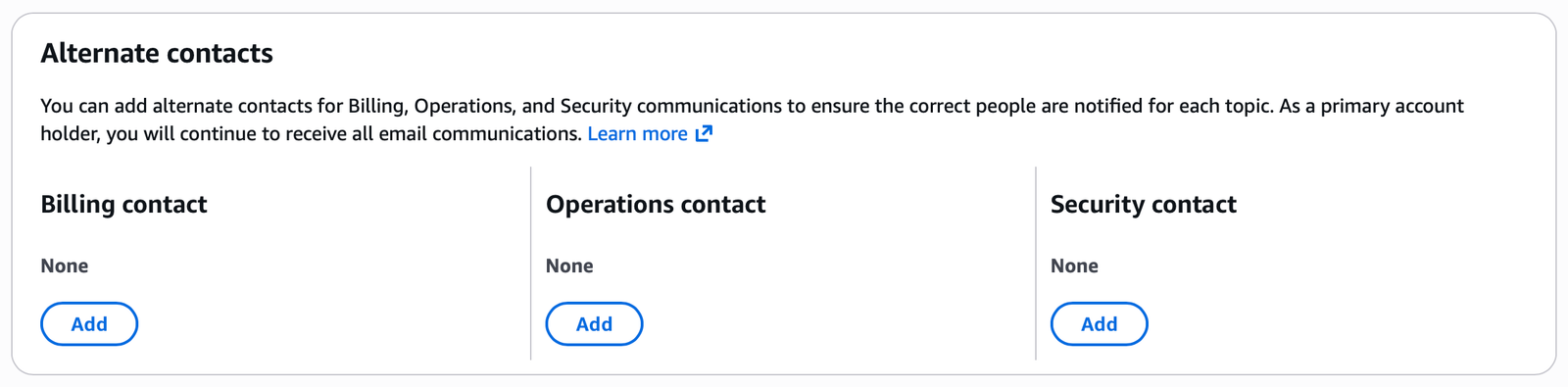 Alternate contacts section showing separate billing, operations, and security contacts.