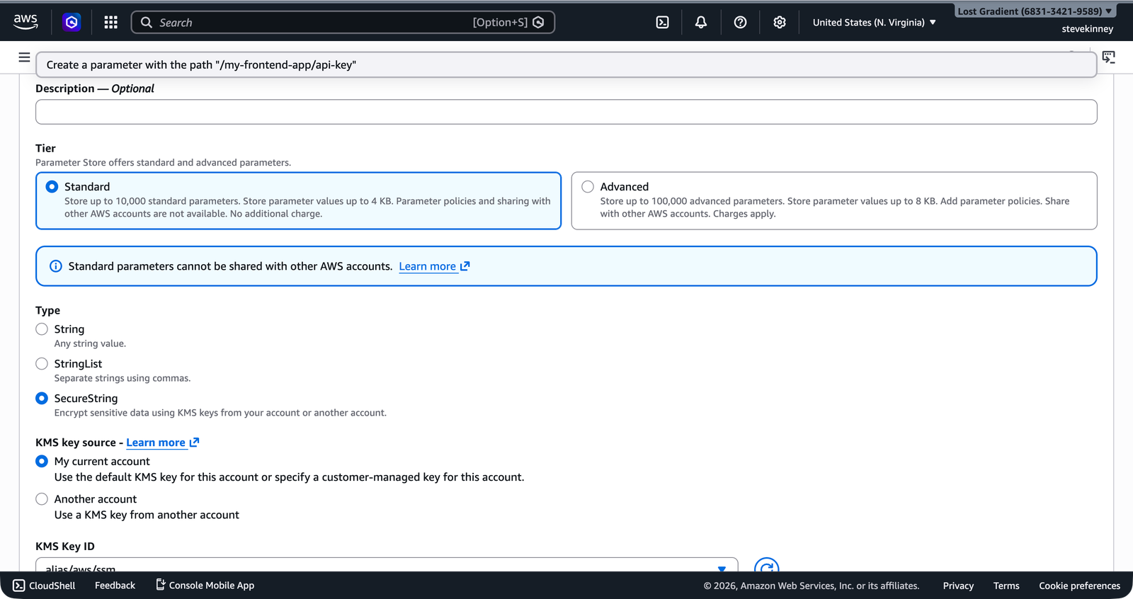 The AWS Systems Manager Parameter Store Create parameter form showing the name /my-frontend-app/api-key filled in and SecureString selected as the type with the default KMS key.