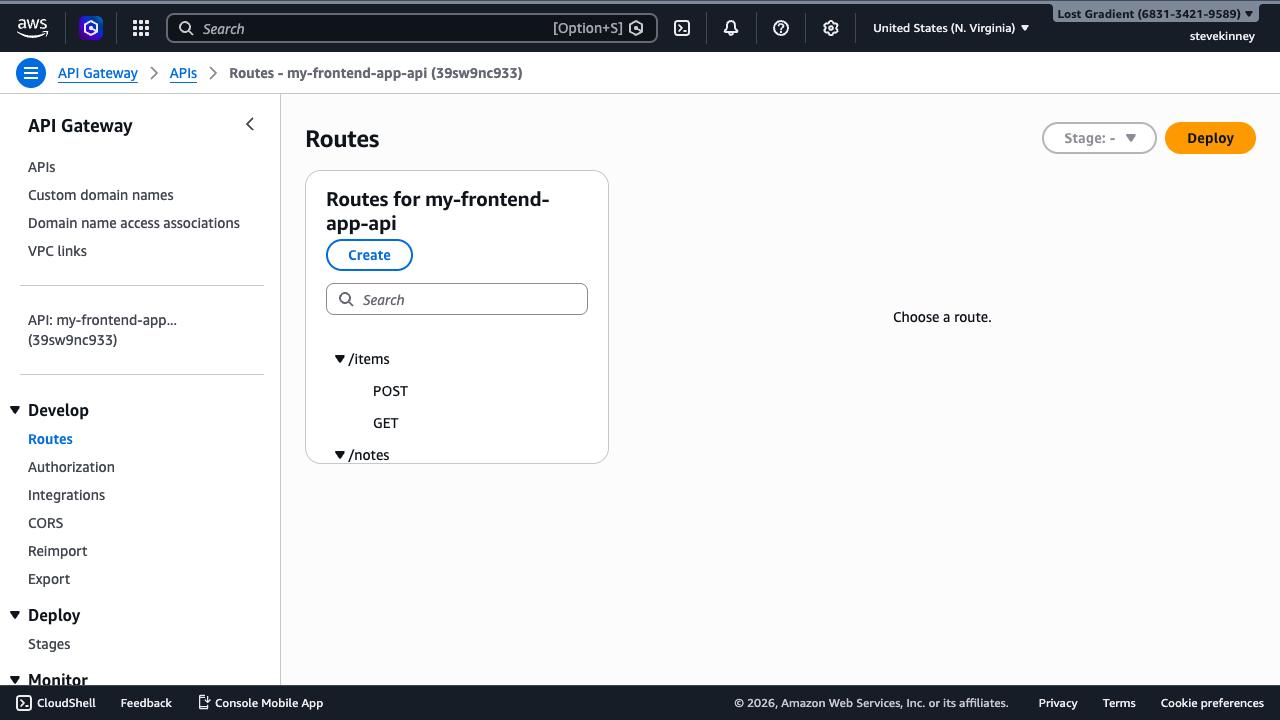 The API Gateway Routes page showing the ANY / route created for the my-frontend-api HTTP API.