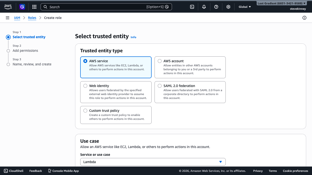 The IAM Create Role page with AWS service selected as the trusted entity type and Lambda chosen as the service or use case.