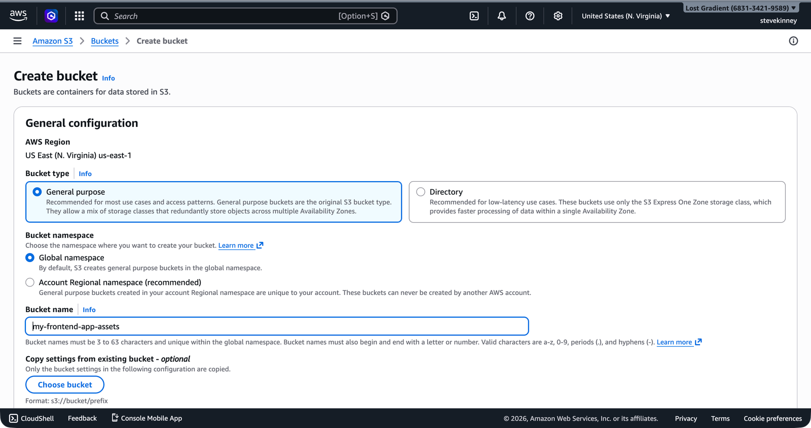 The S3 Create Bucket form showing the bucket name field filled with my-frontend-app-assets and the AWS Region set to US East (N. Virginia) us-east-1.