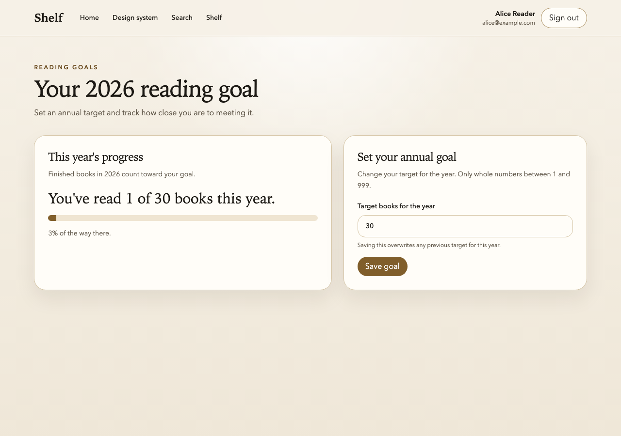The dedicated goals page used to set the annual target and confirm the current-year progress
