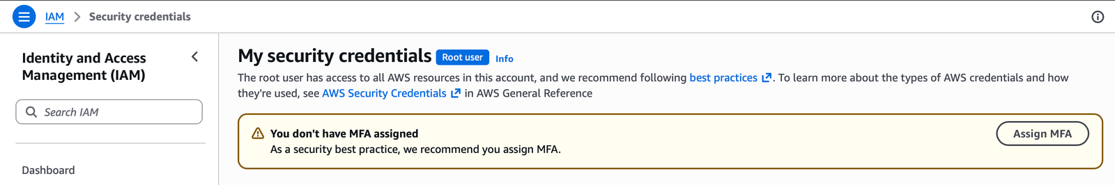 Root security credentials page showing the warning that MFA is not assigned yet.