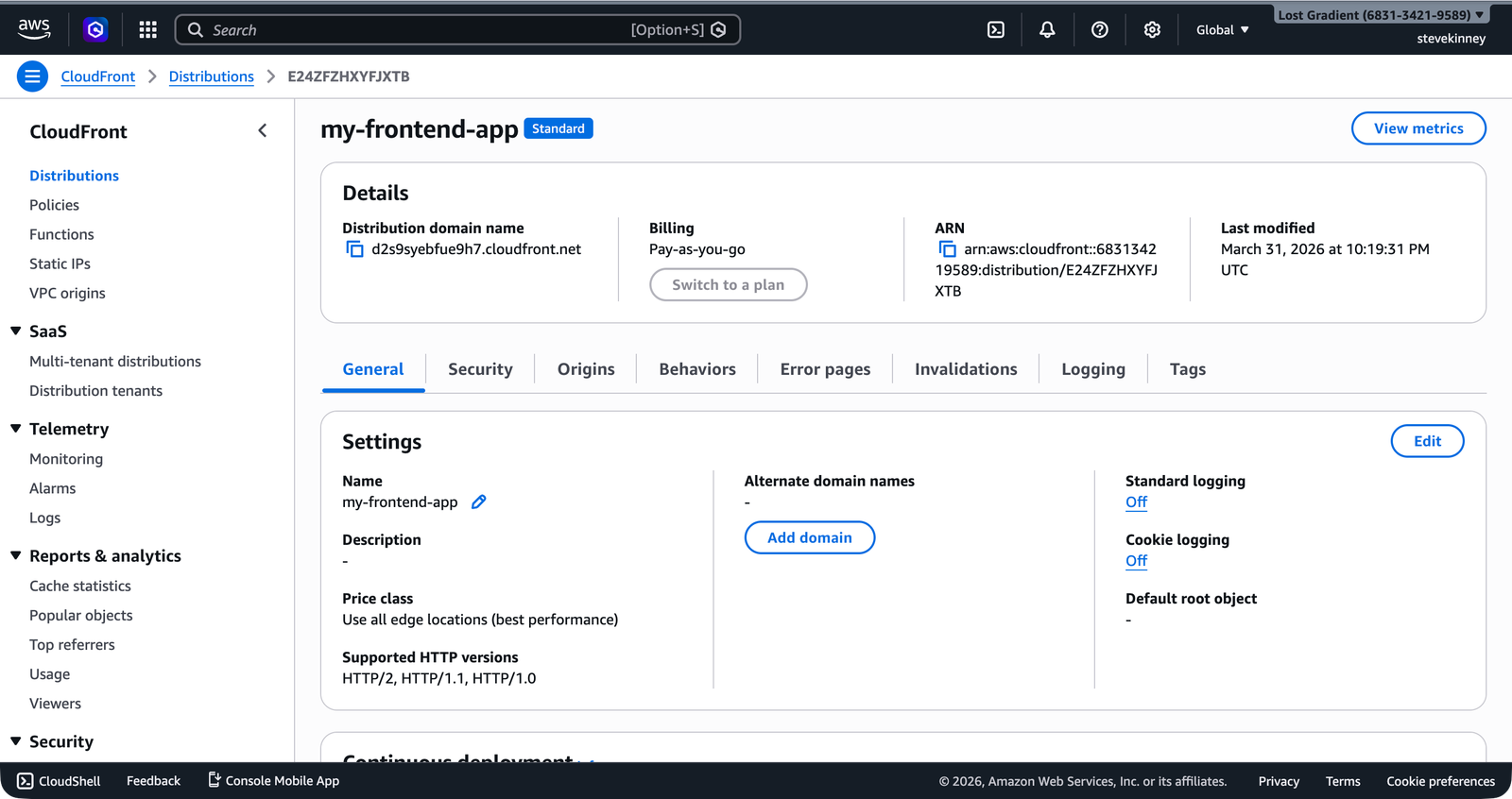 CloudFront distribution detail page showing the distribution as Deploying immediately after creation.