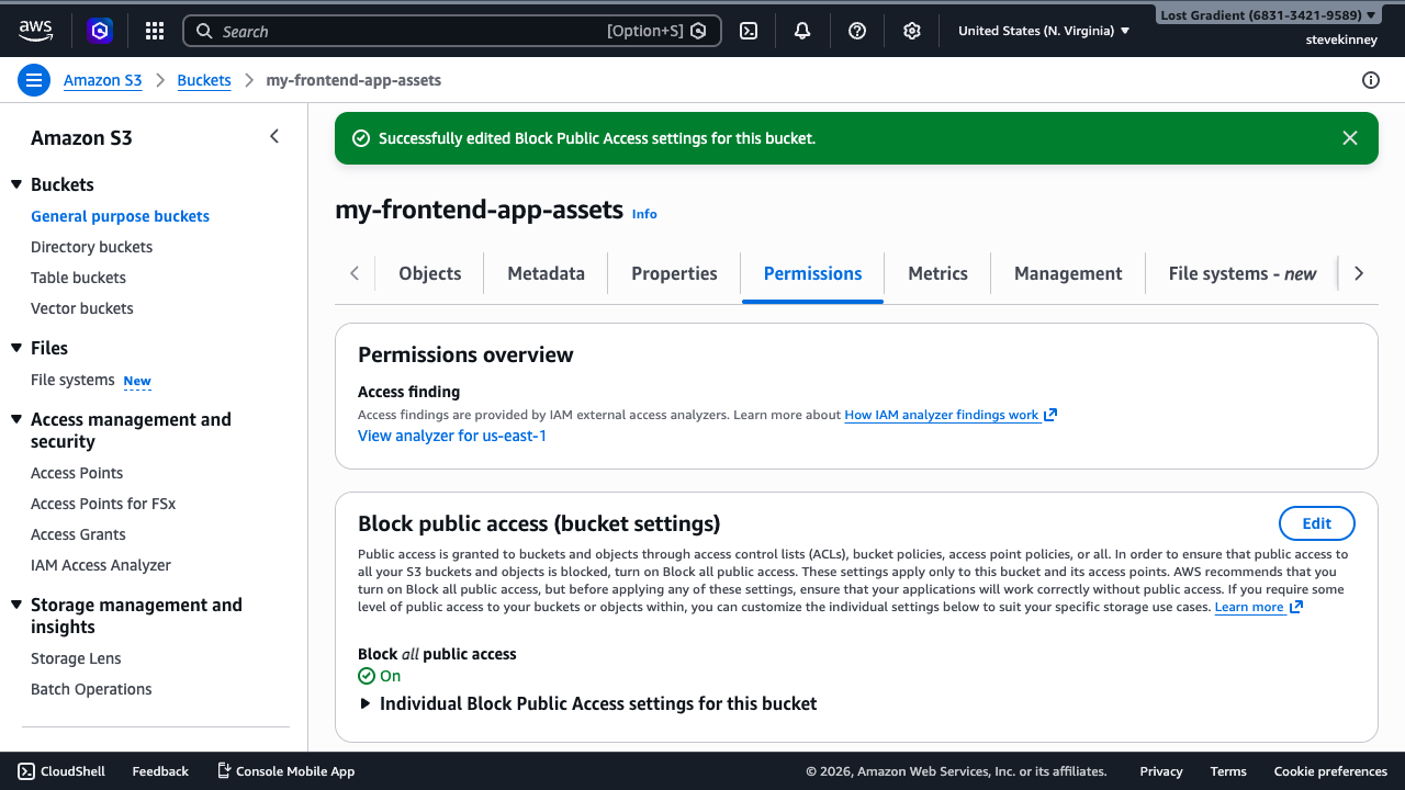 S3 bucket Permissions tab showing the Block Public Access setting labeled On with all four restrictions active.