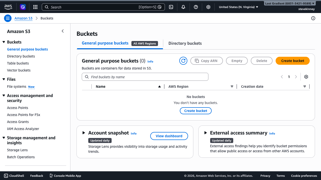 The S3 console showing an empty bucket list with a Get Started prompt before any buckets have been created.
