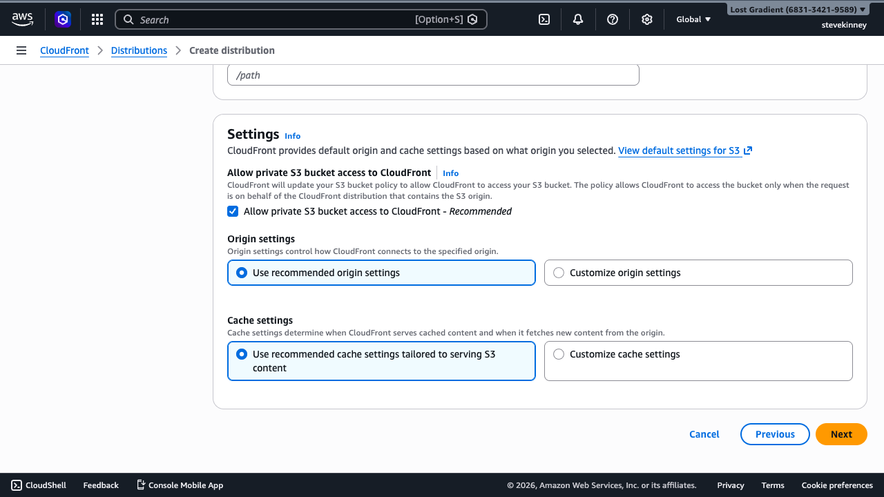 The CloudFront origin settings showing the OAC checkbox enabled, recommended origin settings selected, and recommended cache settings tailored to S3 content.
