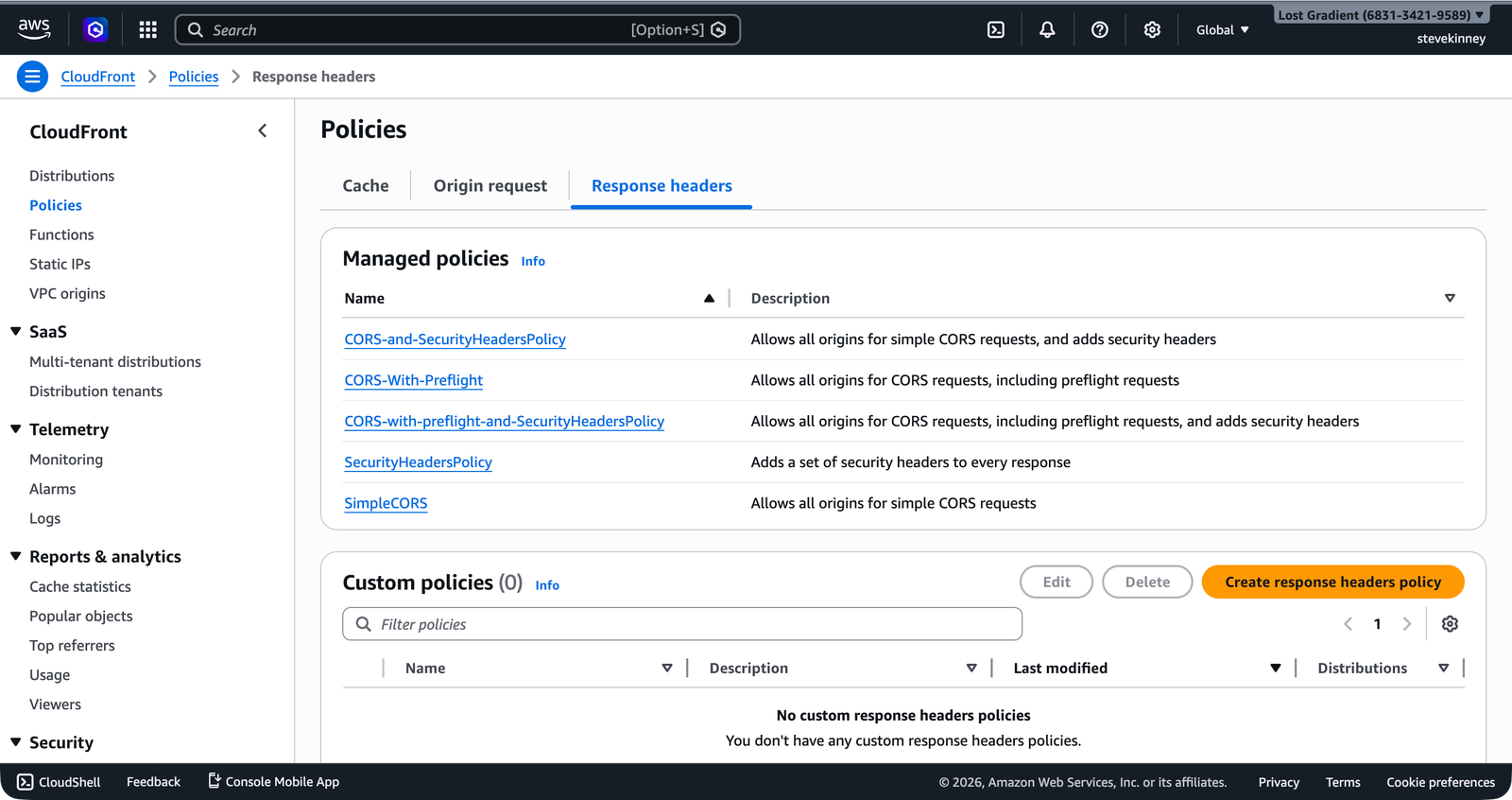 The CloudFront Policies page showing the Response headers tab with managed policies including SecurityHeadersPolicy, CORS-With-Preflight, and CORS-and-SecurityHeadersPolicy.