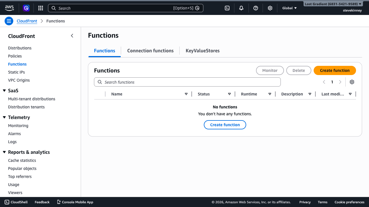 The CloudFront Functions list page showing no functions with a Create function button.