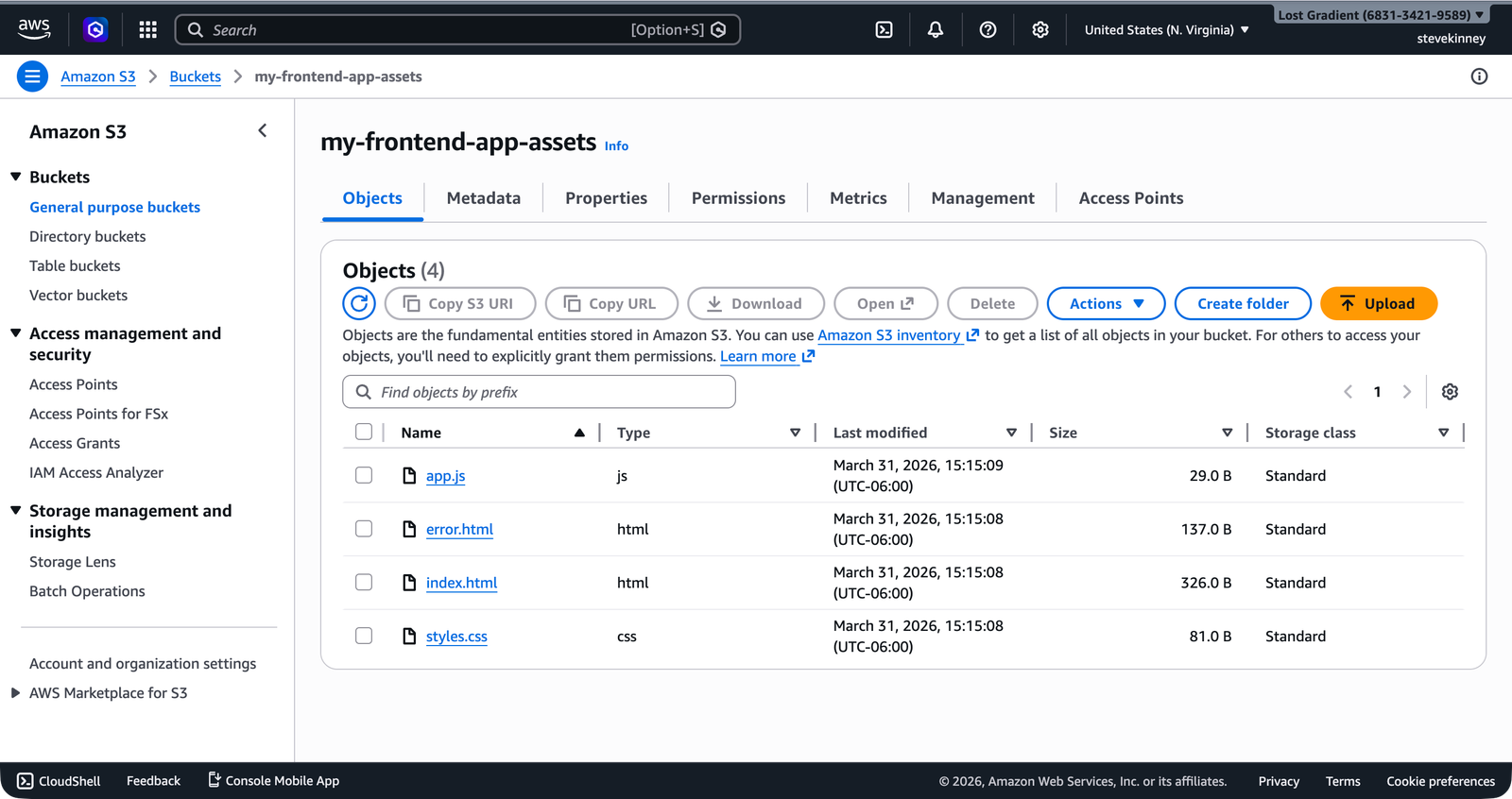 The S3 bucket Objects tab listing index.html, error.html, styles.css, and app.js with their sizes and last-modified dates.