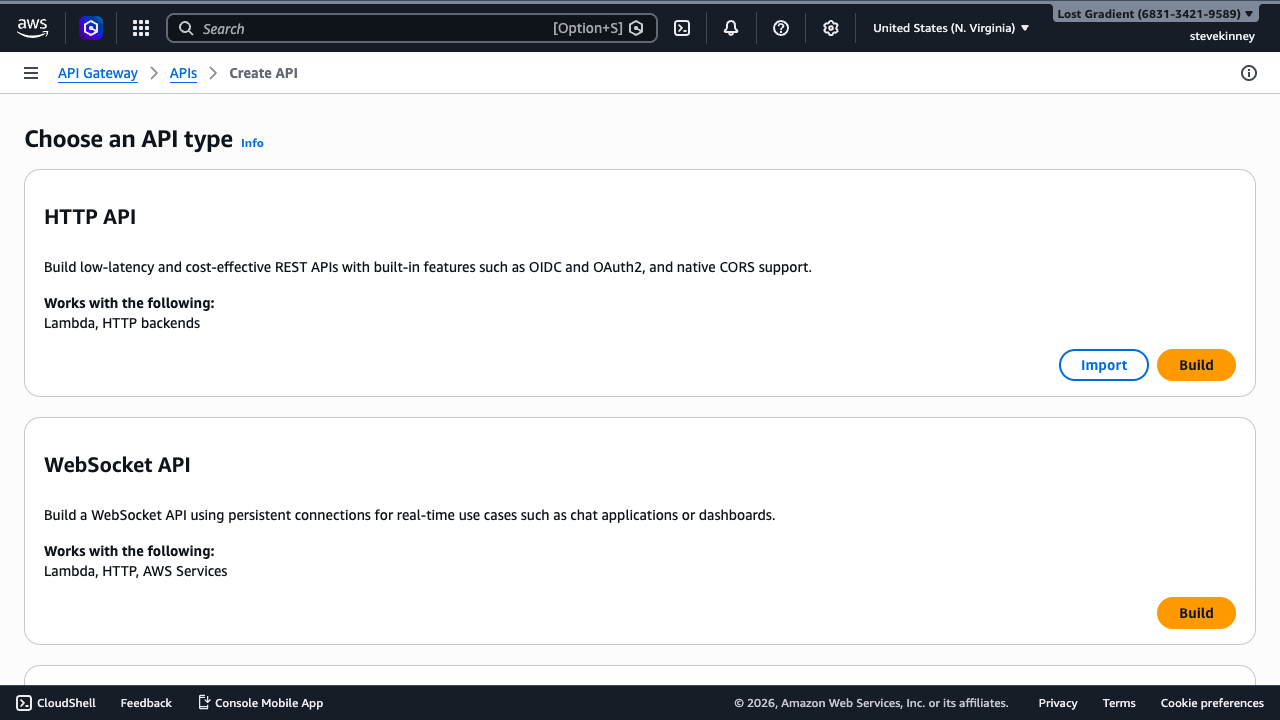 The API Gateway Create API page showing HTTP API, WebSocket API, and REST API options with Build buttons.