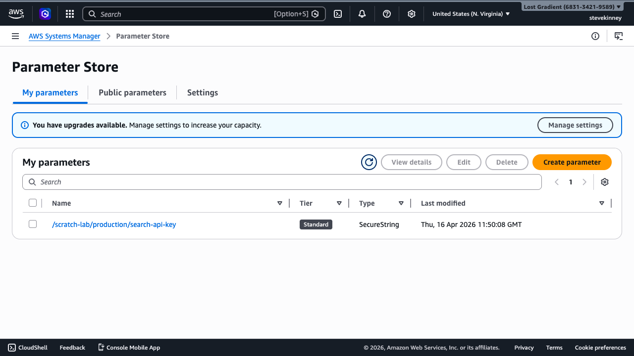 The AWS Systems Manager Parameter Store list view showing parameters with their names, types, and last modified dates.