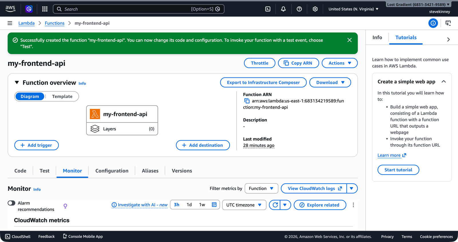 The Lambda function Monitor tab showing invocation metrics graphs for Invocations, Duration, and Error count.