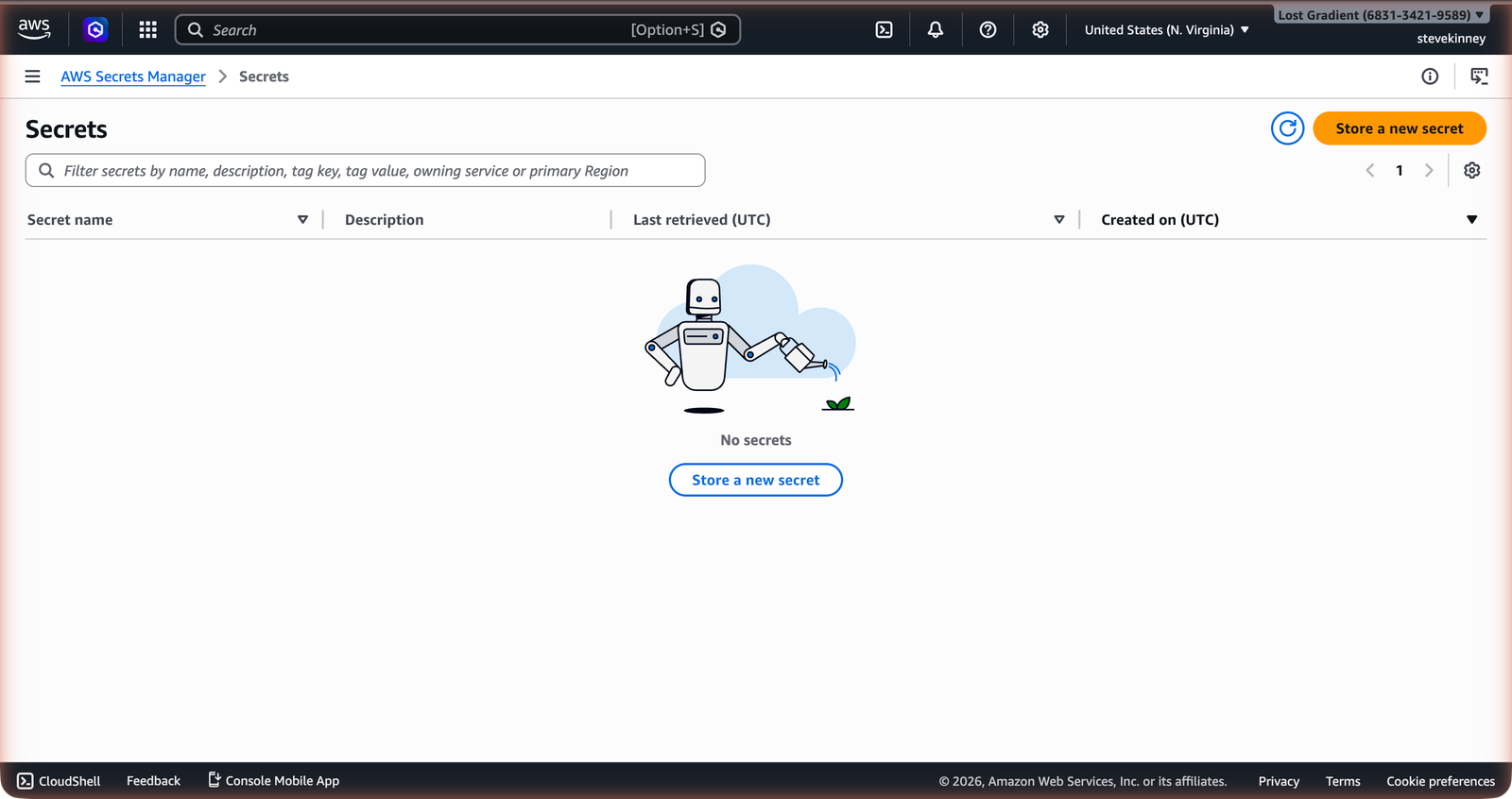 The AWS Secrets Manager Secrets list page showing the list of secrets with columns for name, description, last retrieved, and last changed.