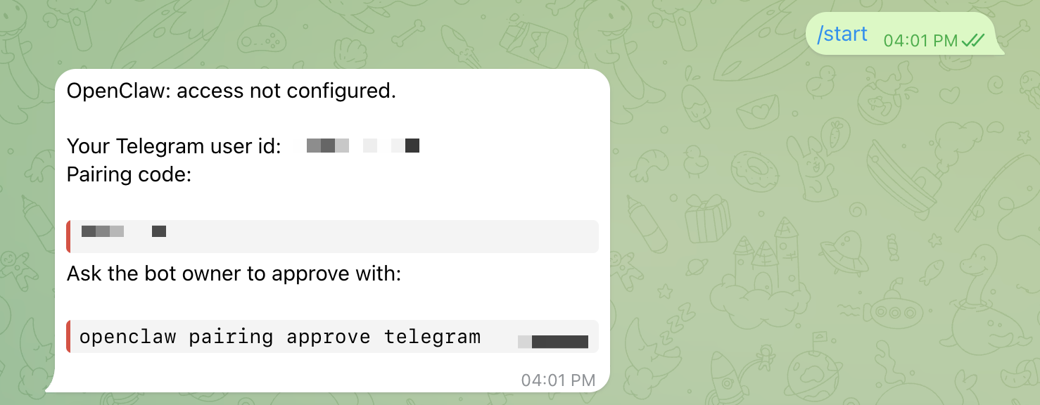 The bot replying that access is not configured, with a pairing code and an approval command