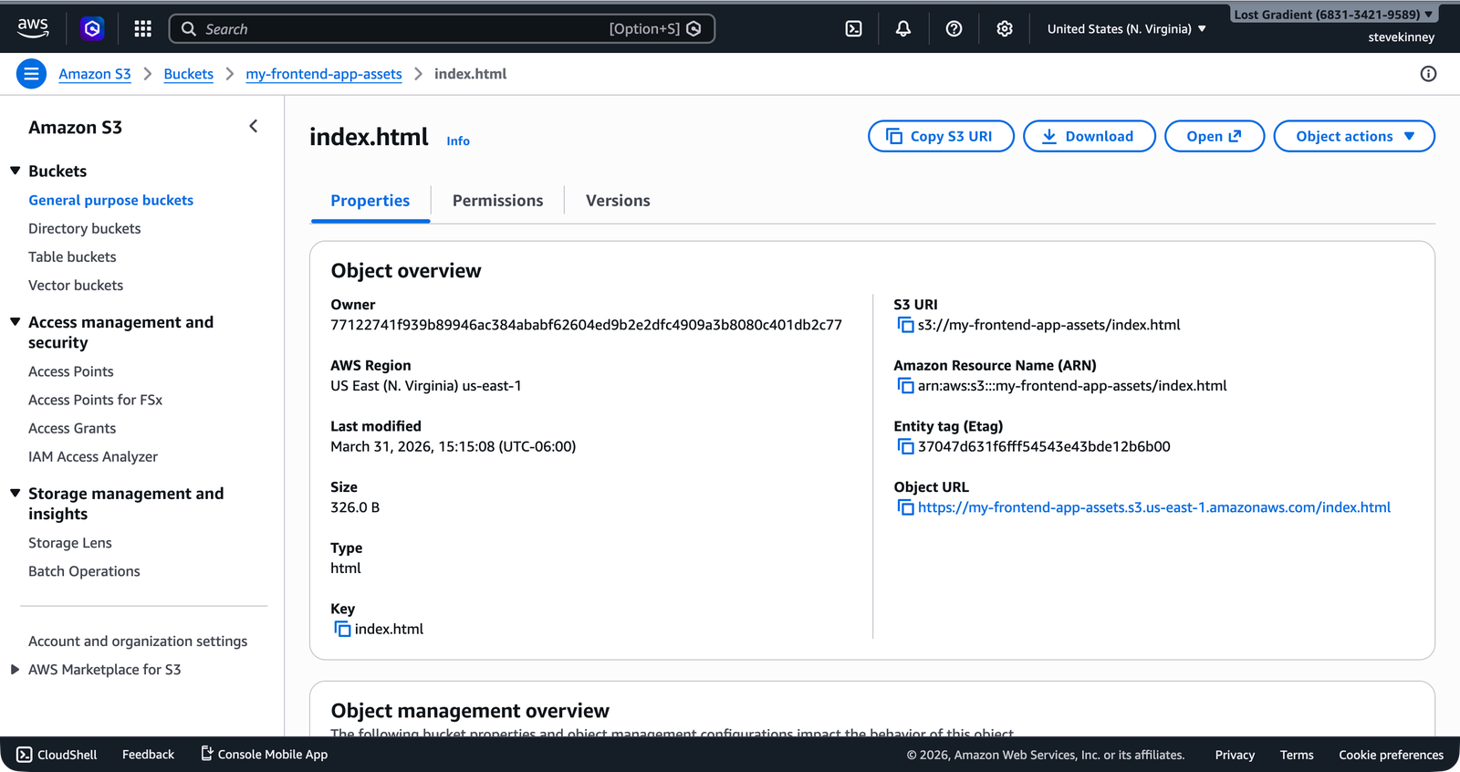 The S3 object detail page for index.html showing the Content-Type metadata field set to text/html.