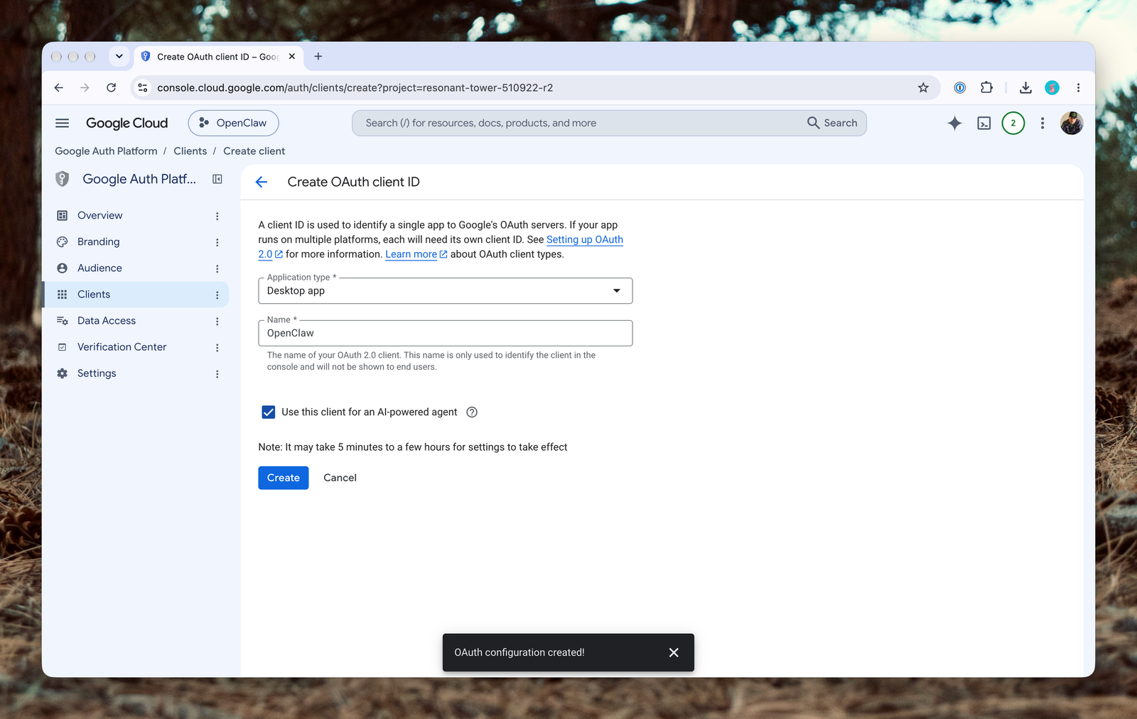 The Create OAuth client ID form with the Desktop app application type selected