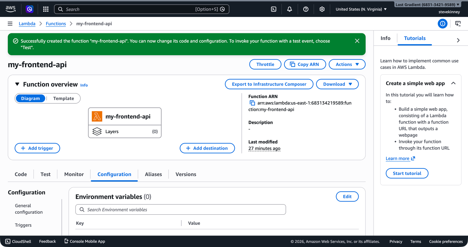 The Lambda function Configuration tab showing the Environment variables section with TABLE_NAME set to frontend-items.