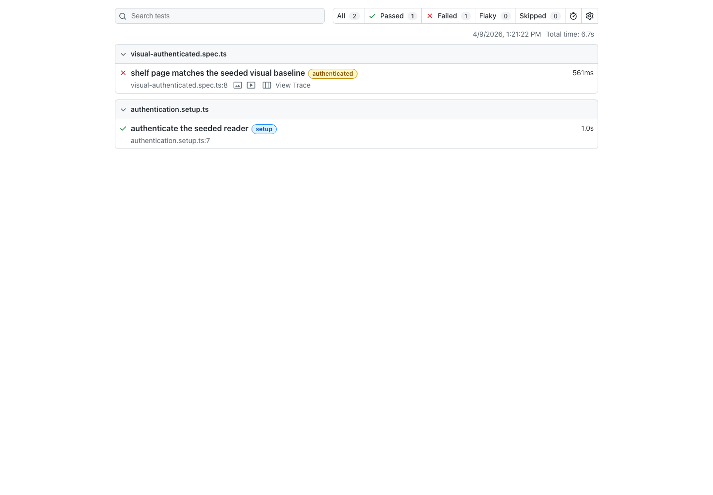 The Playwright HTML report after a deliberate Shelf failure