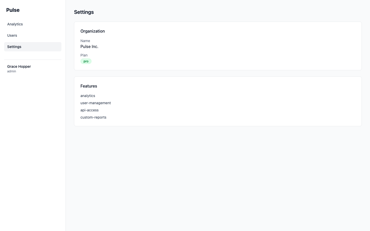 Settings page with organization data