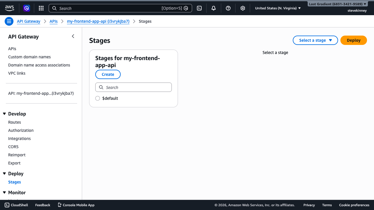 The API Gateway Stages page showing the $default stage listed with options to select it and view its details including the invoke URL.