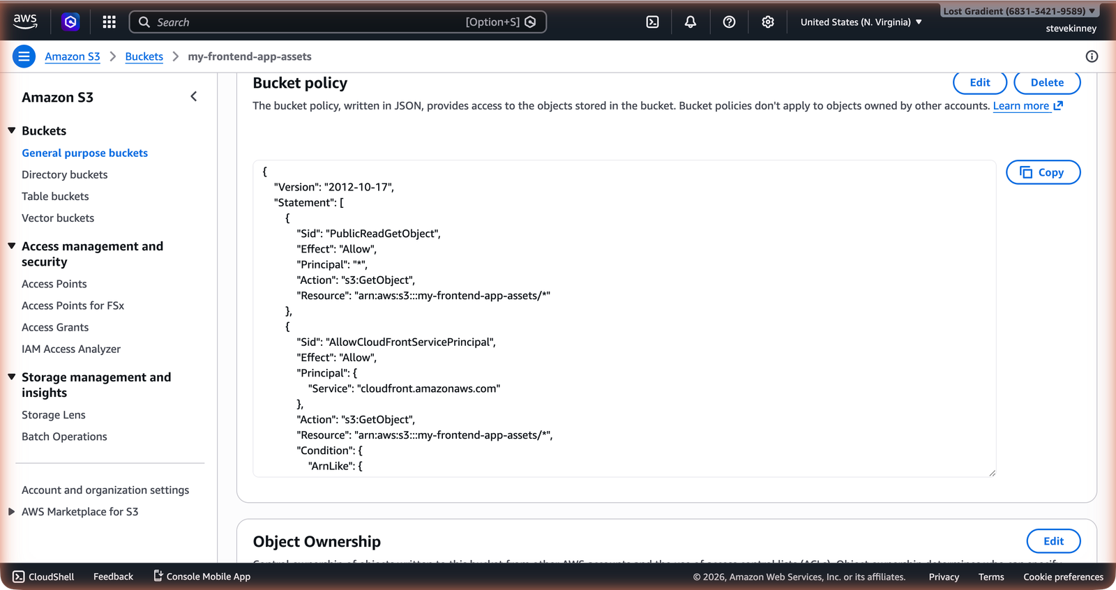 The S3 bucket Permissions tab showing the bucket policy with cloudfront.amazonaws.com as the service principal and a condition restricting access to a specific distribution ARN.