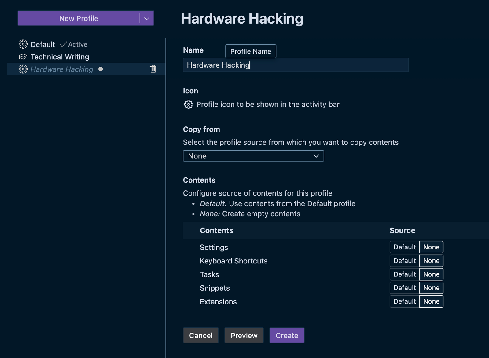 Creating a New Profile