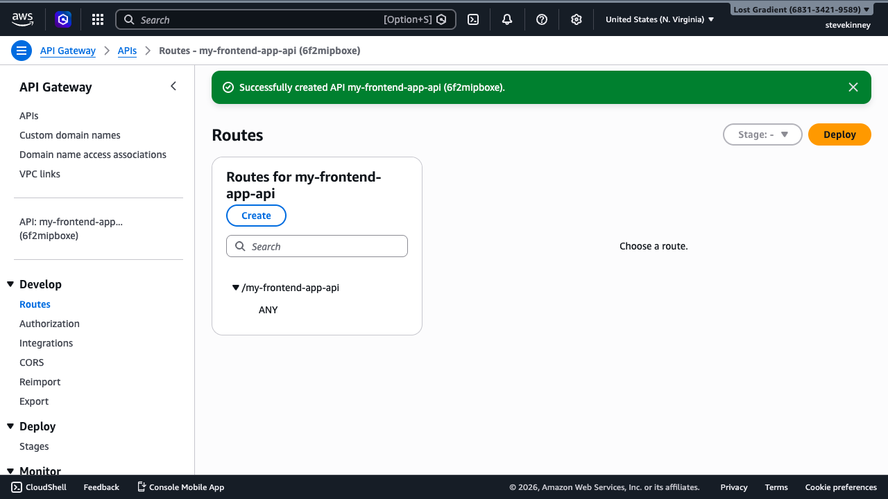 The API Gateway stage details page showing the $default stage name and its invoke URL in the us-east-1 region.