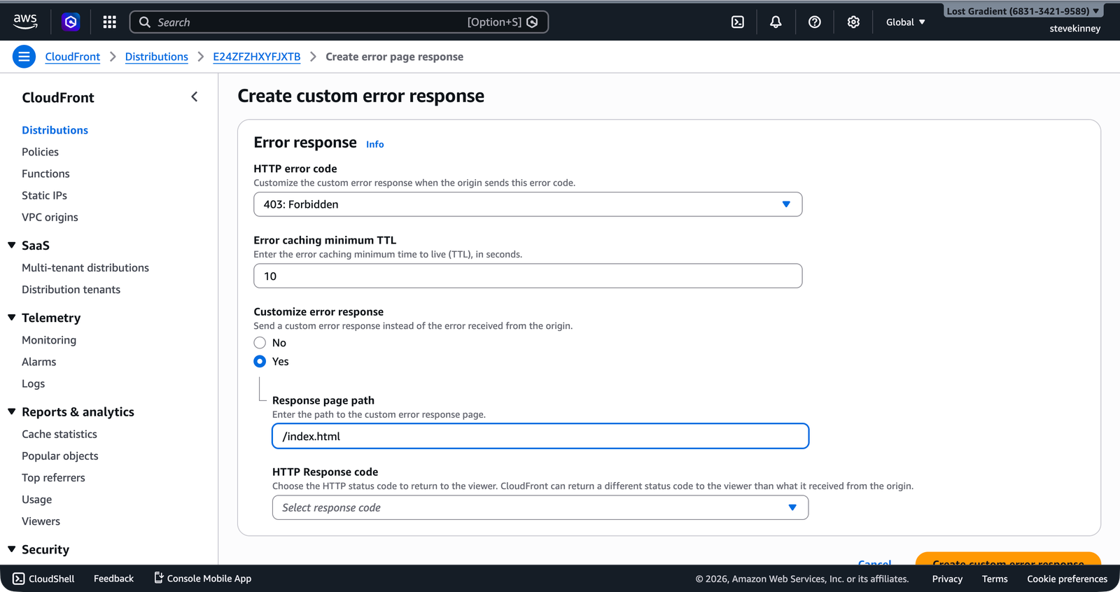 The CloudFront Create Custom Error Response form showing HTTP error code 403, response page path /index.html, and HTTP response code 200.