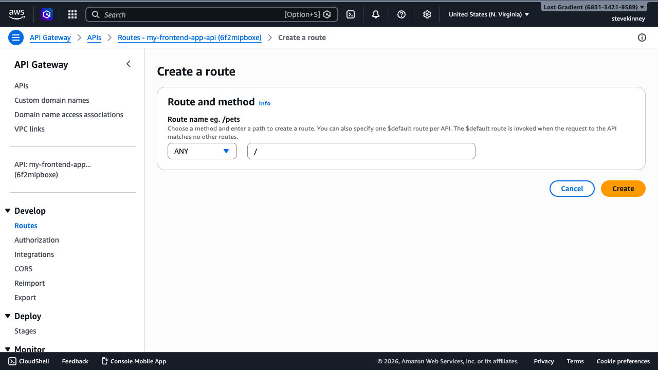 The API Gateway Create a route form showing the method set to ANY and the path field filled with /items.
