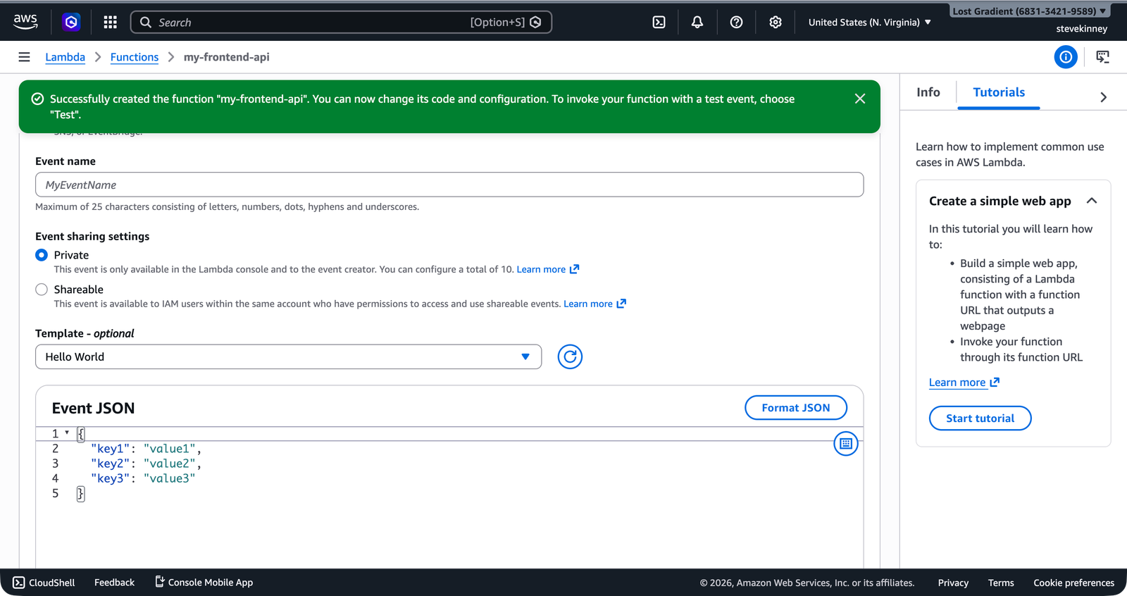 The Lambda Test tab showing the Event JSON editor configured with a sample payload, ready to invoke the function.