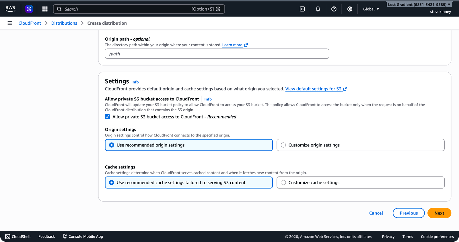 The CloudFront wizard showing the Allow private S3 bucket access to CloudFront checkbox checked and the Use recommended origin settings option selected.