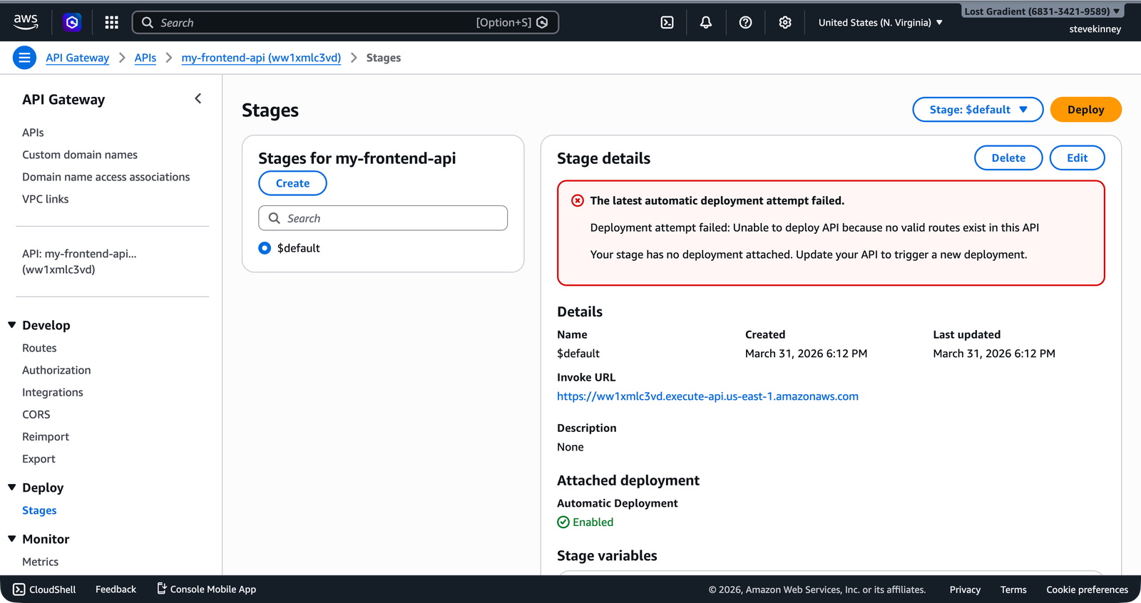 The API Gateway stage details page showing the $default stage name and its invoke URL in the us-east-1 region.
