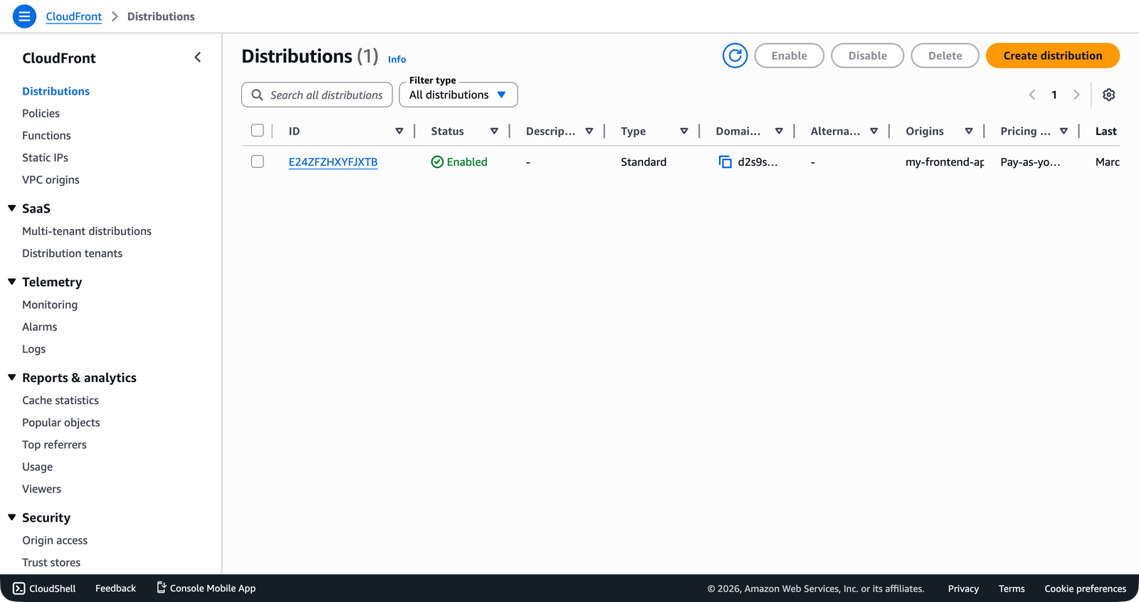 The CloudFront distributions list showing the distribution with Enabled status and its cloudfront.net domain name.