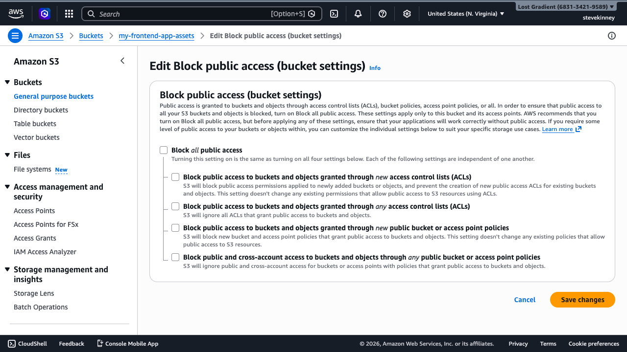 The S3 Edit Block Public Access form with all four checkboxes unchecked, ready to save.